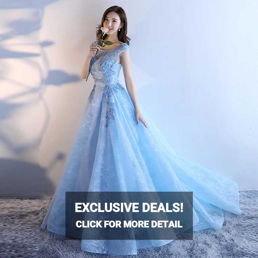 Evening Dress New Fashion Sweet Light Blue Lace Embroidery with ...