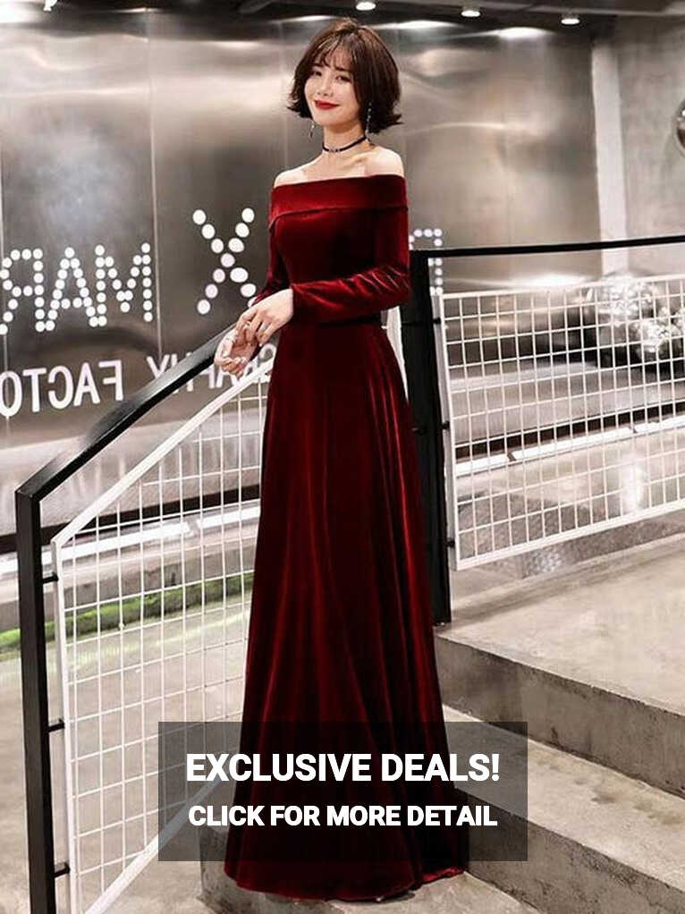 Evening Dresses Velvet Long Sleeve Off Shoulder Maxi Formal Gowns ...