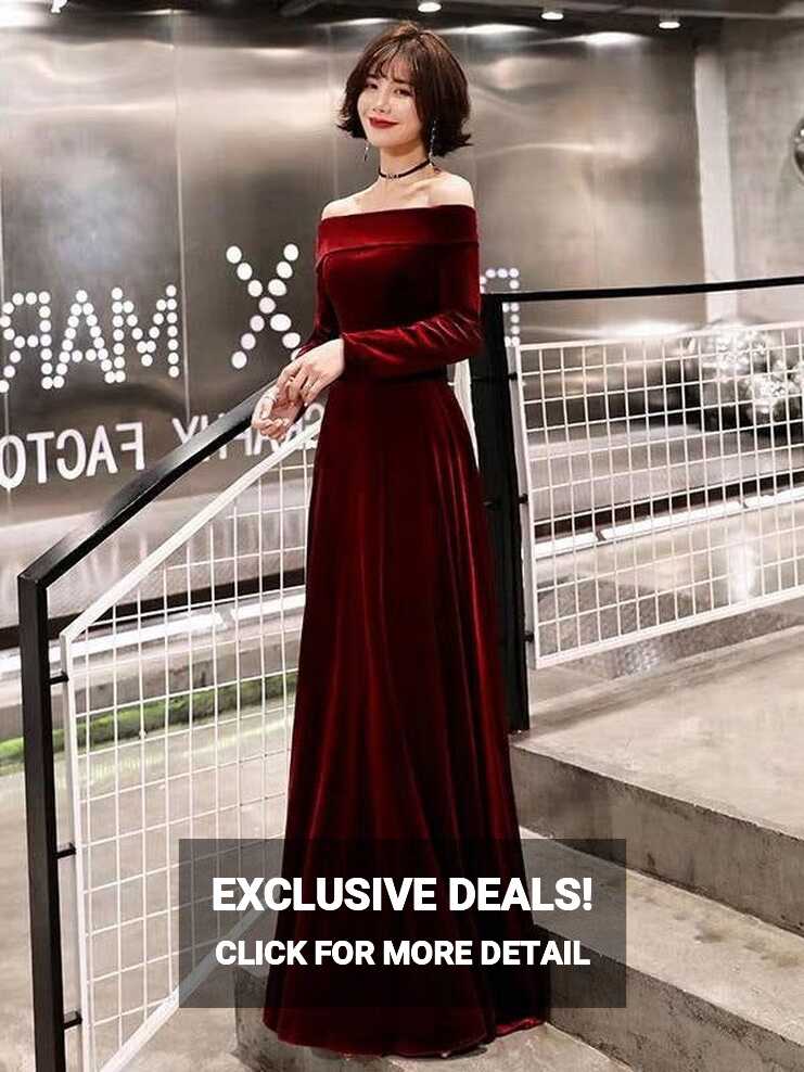 Evening Dresses Velvet Long Sleeve Off Shoulder Maxi Formal Gowns