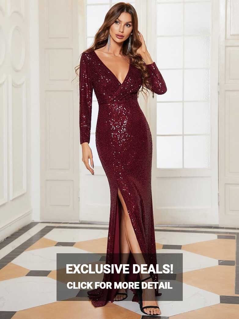 Evening Party Dresses for Women Long Sleeve Sequin Side Split ...