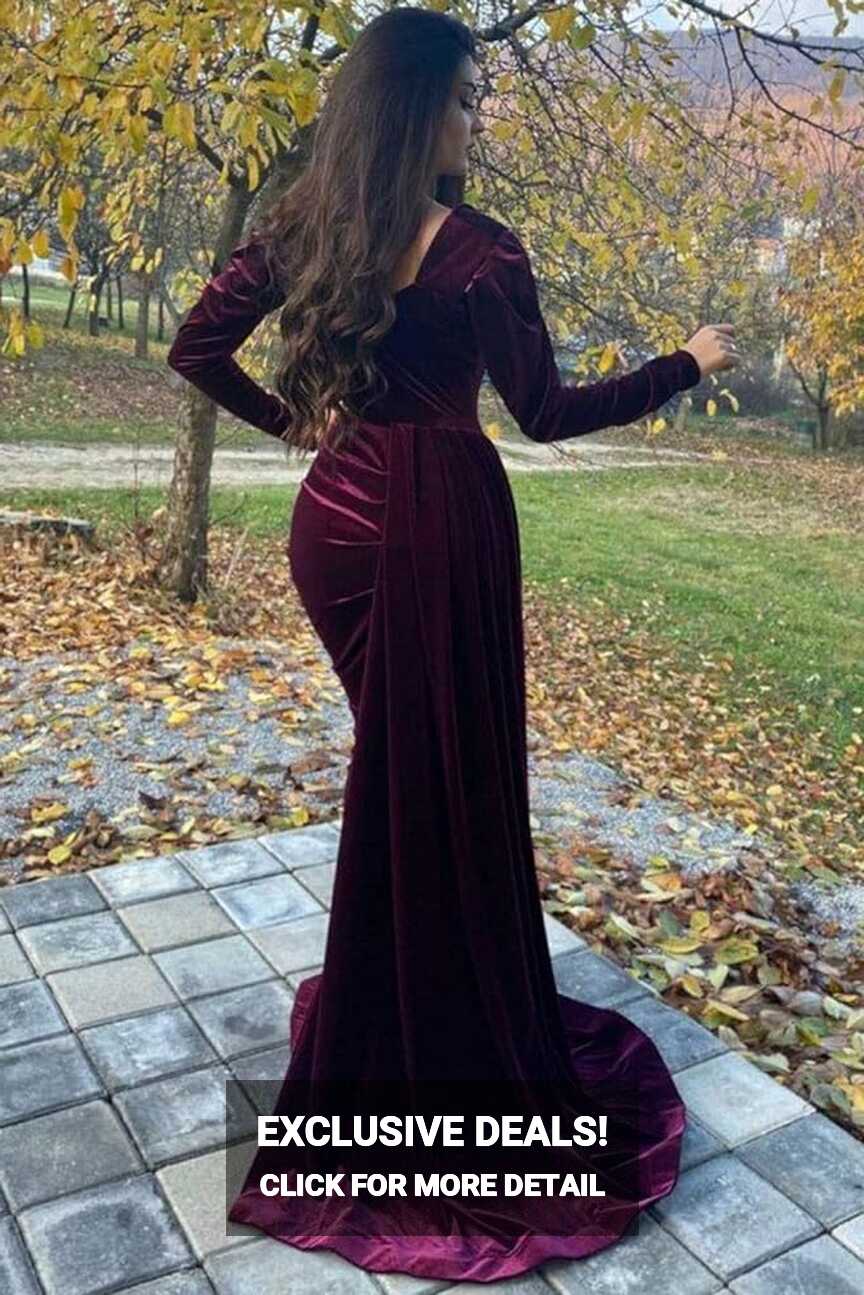 Ever-Beauty Women&#39;s Velvet Long Sleeve Mermaid Evening Dress with ...