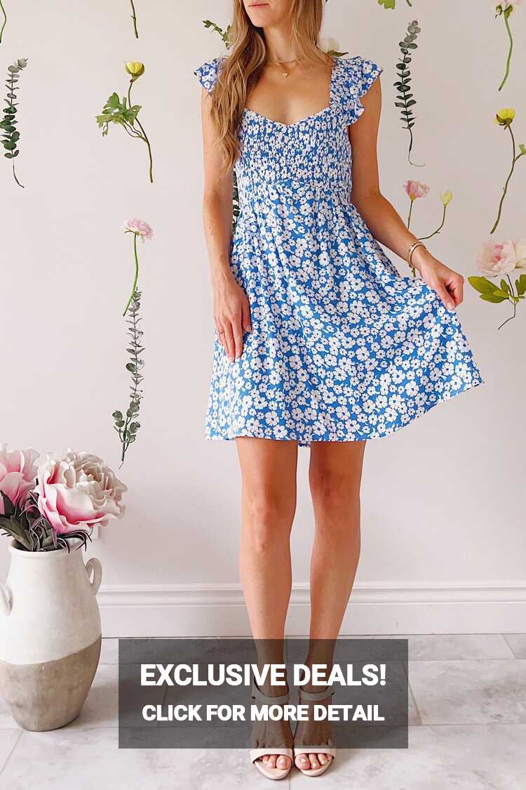 Eviana Short Blue Floral Dress w/ Ruched Bust | Boutique 1861