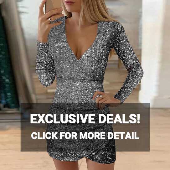 FANFENG Women&#39;s Sexy Glitter Fabric V-Neck Long Sleeve Dresses ...