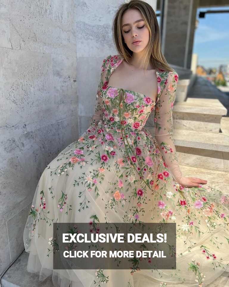 FDHAOLU Elegant Floral Tulle Prom Dresses Long Sleeves Lace ...