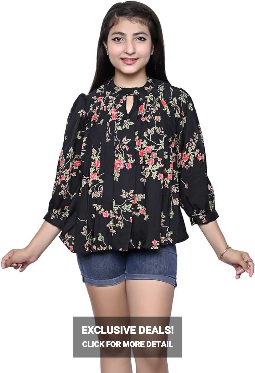 FELLAMO Girls Pleated Flower Design top-63 Black 11-12 Years ...