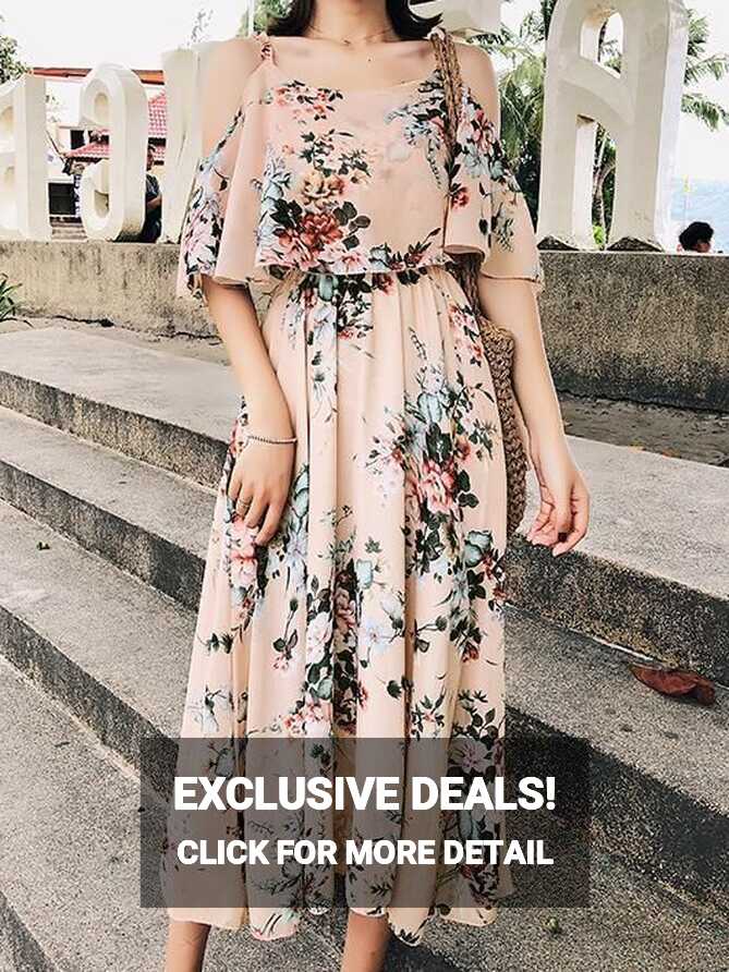 FLORAL OFF-SHOULDER SPAGHETTI STRAPS HIGH-WAIST CHIFFON MAXI DRESS