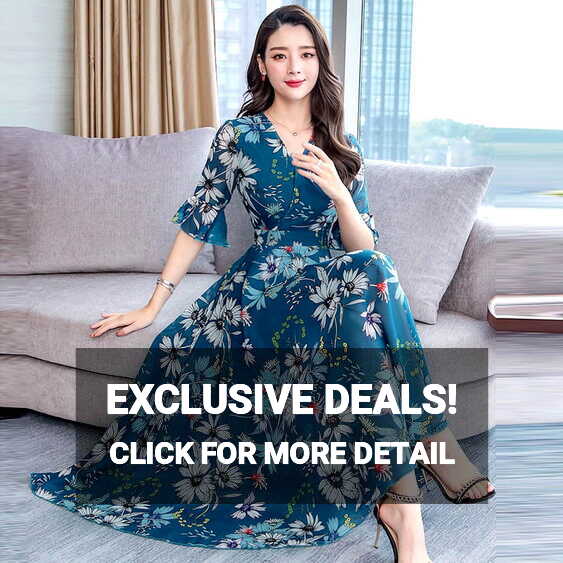 FRXSWW Ladies Flower Print Dress V Neck Sweet Swing Flowy Dresses ...