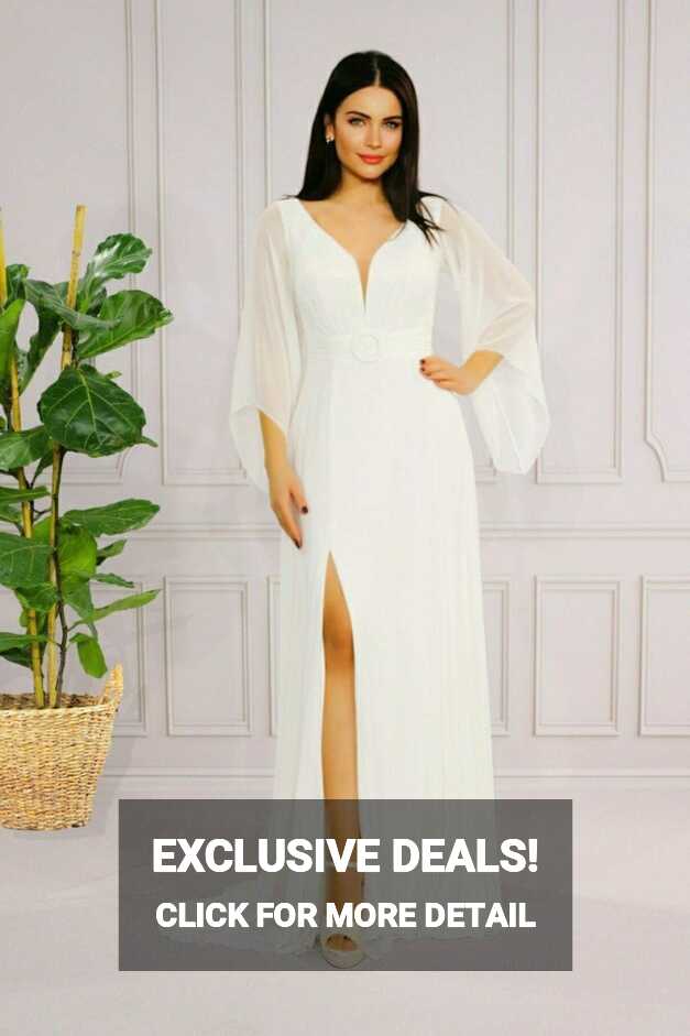 FaBe Fashion Long Sleeve White Chiffon Dress with Buckle and Slit ...