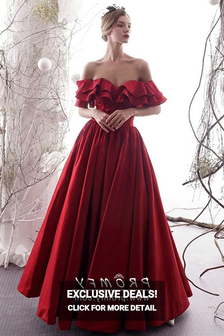 Fairy Ruffled Off-shoulder Dark Red Satin Prom Gown - Promfy