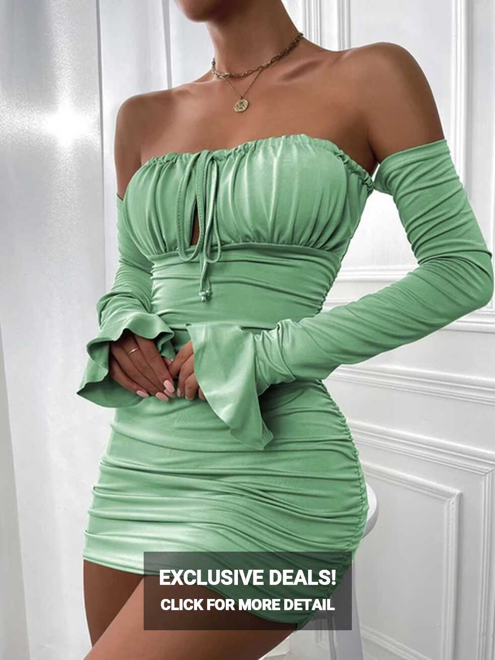 Fairyshely Sexy Ruffle Short Club Dress Ladies 2024 Autumn Green ...