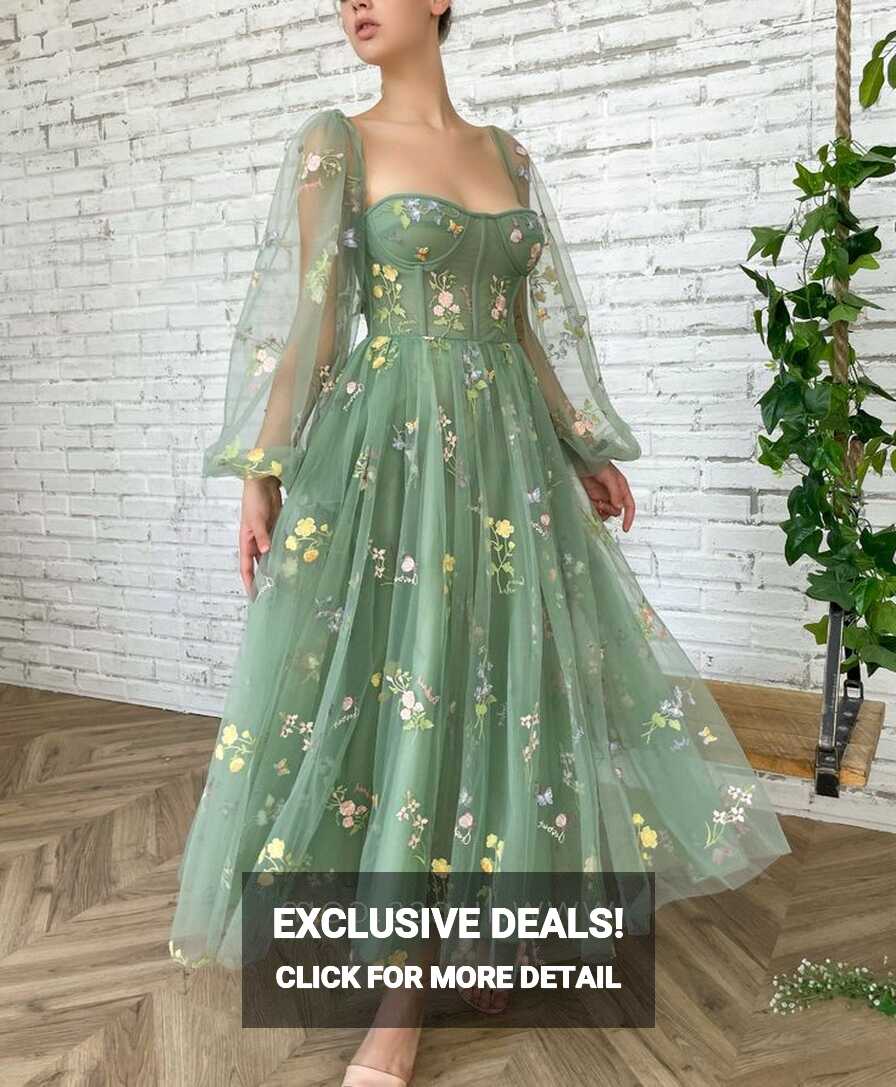 Fairytale Floral Green Tulle Long Sleeve Party Dress