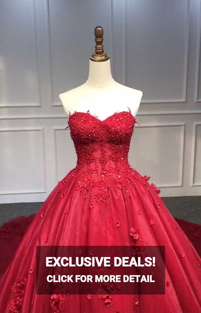 Fairytale dark red ball gown skirt 3D lace flowers wedding prom ...