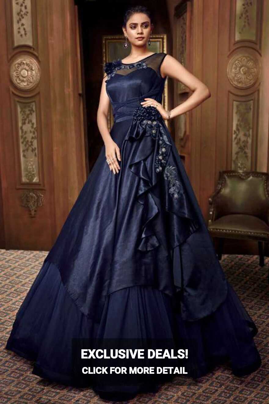 Fancy Designer Party Wear Net Gown Navy Blue Color