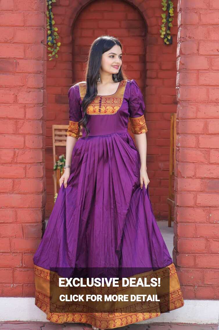 Fancy Round Neck Purple Color Long Gown - Clothsvilla