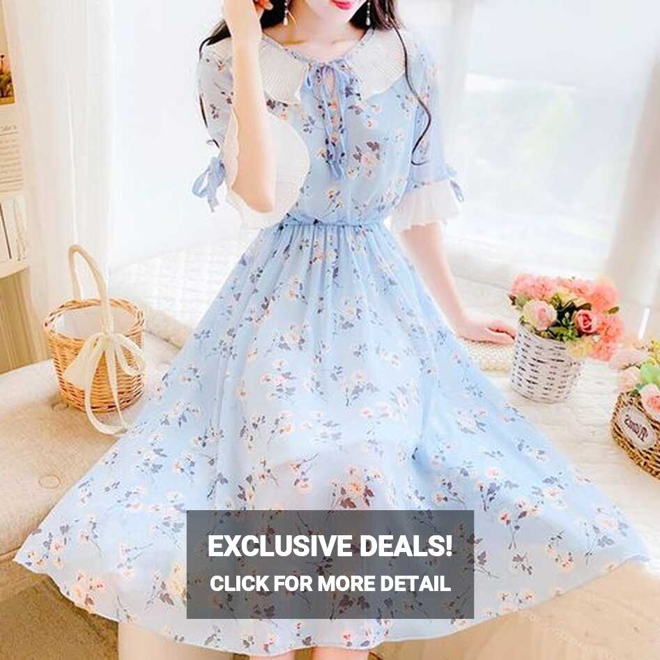 Fashion (Sky Blue)Sweet Slim Chiffon Floral Dress Preppy Fashion ...