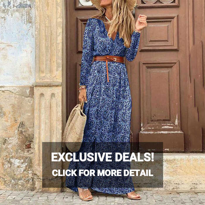 Fashion Boho Dress Long Dress Women Casual V Neck Short Sleeve Retro P