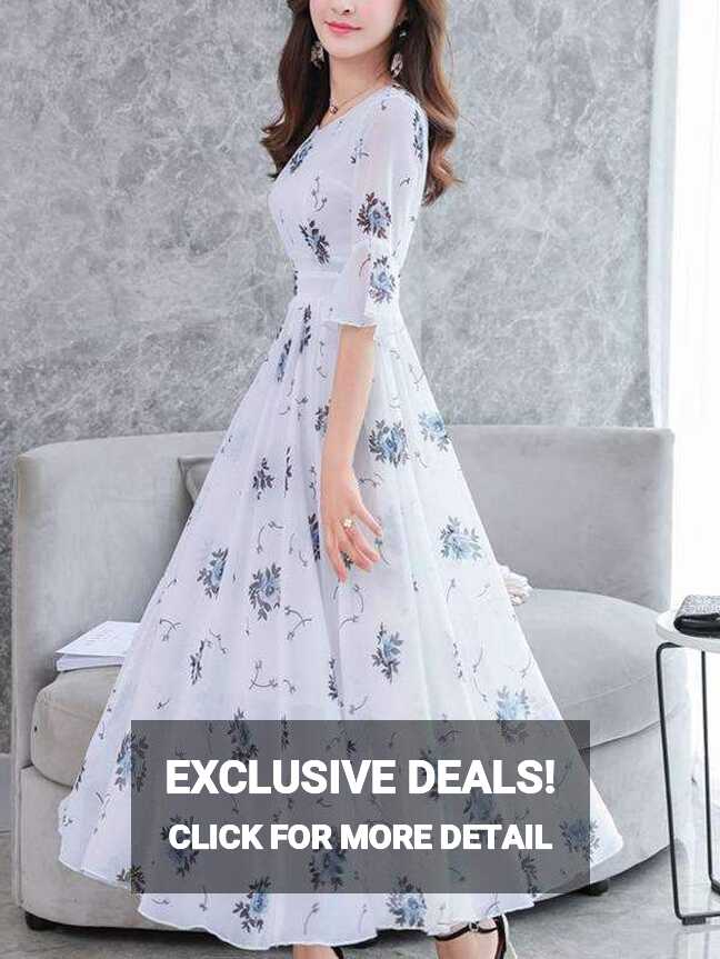 Fashion Chiffon V-Neck Flare Sleeve Print Maxi Casual Dresses