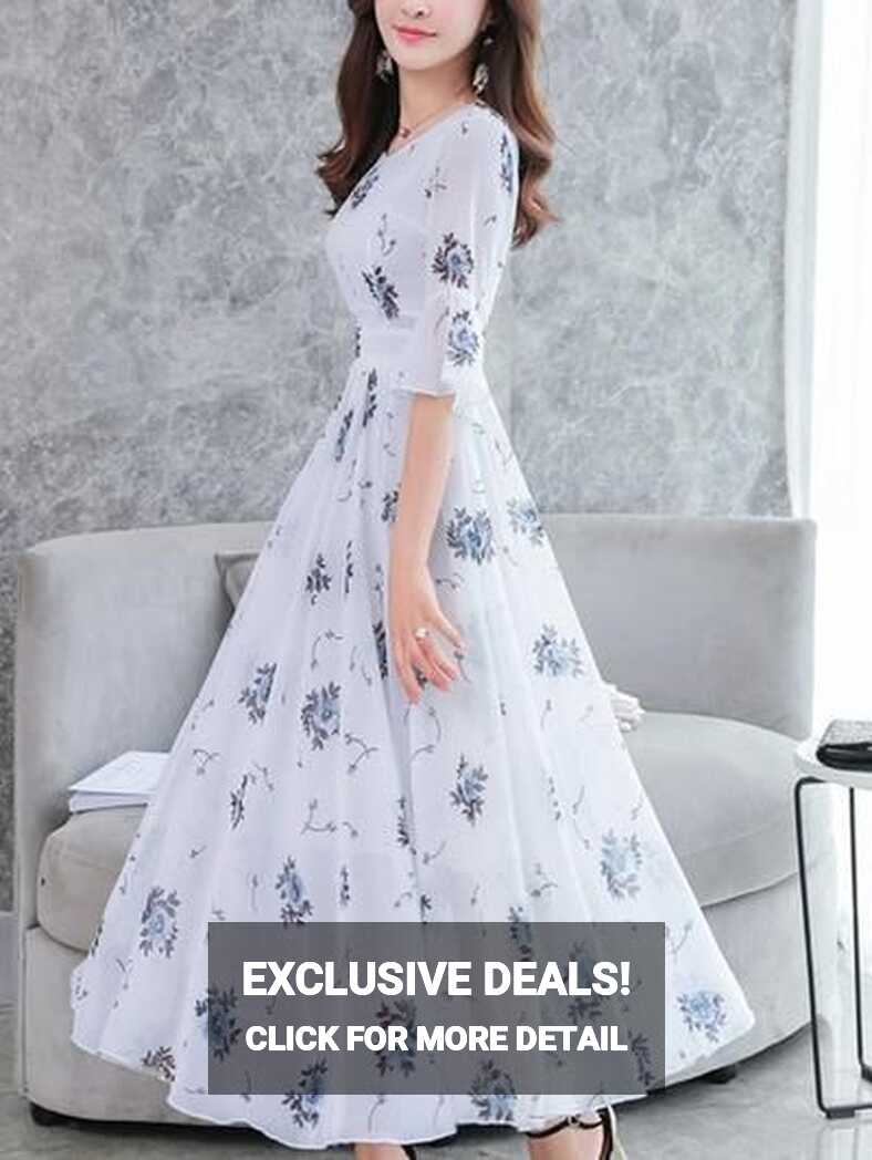 Fashion Chiffon V-Neck Flare Sleeve Print Maxi Dress