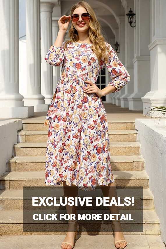 Fashion Floral Midi Dress With Sleeves - TheCelebrityDresses