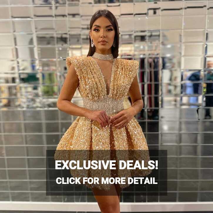 Fashion Gold Sequins Cocktail Party Gowns Sexy Half High Neck Mini ...