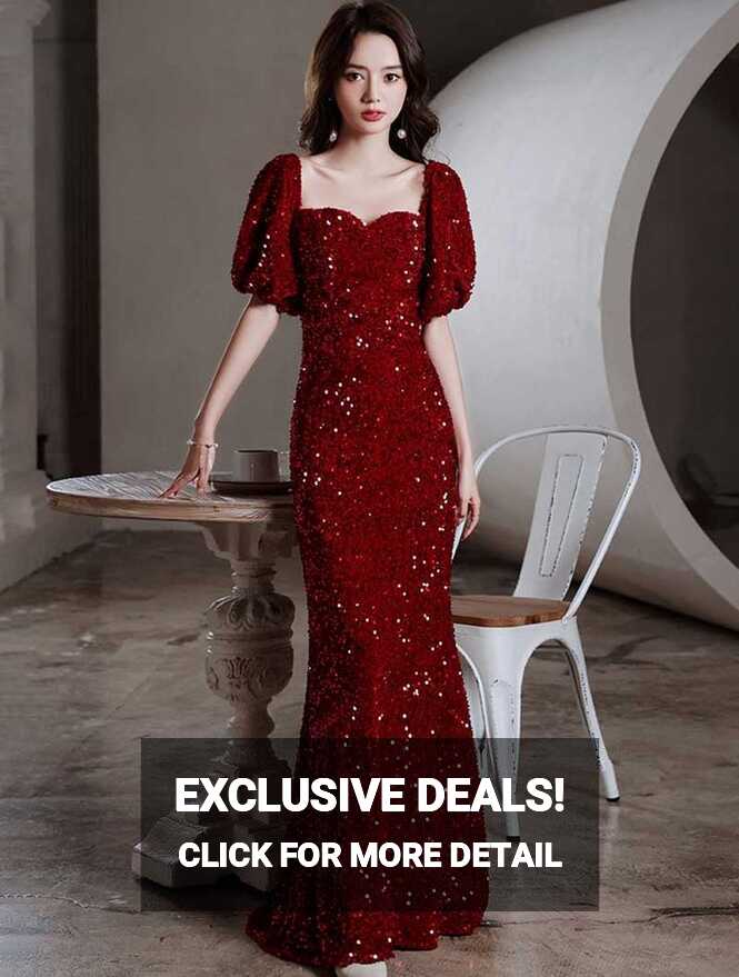 Fashion Wine Red Sparkly Evening Party Dress Elegant Ball Gown - M