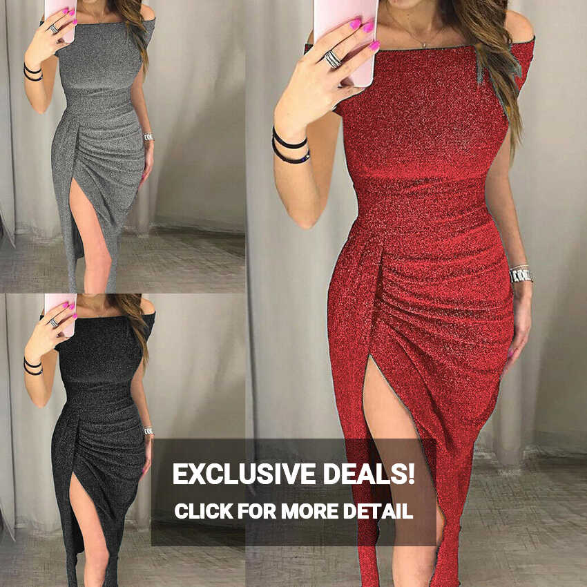 Fashion Women&#39;s Off Shoulder High Slit Bodycon Dress Short Sleeve ...