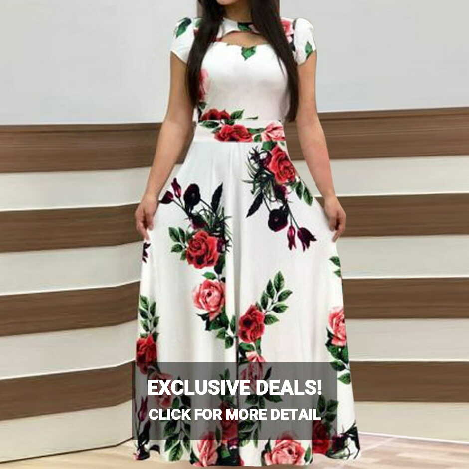 Fashion Women Short Sleeve Floral Boho Print Long Dress Ladies ...