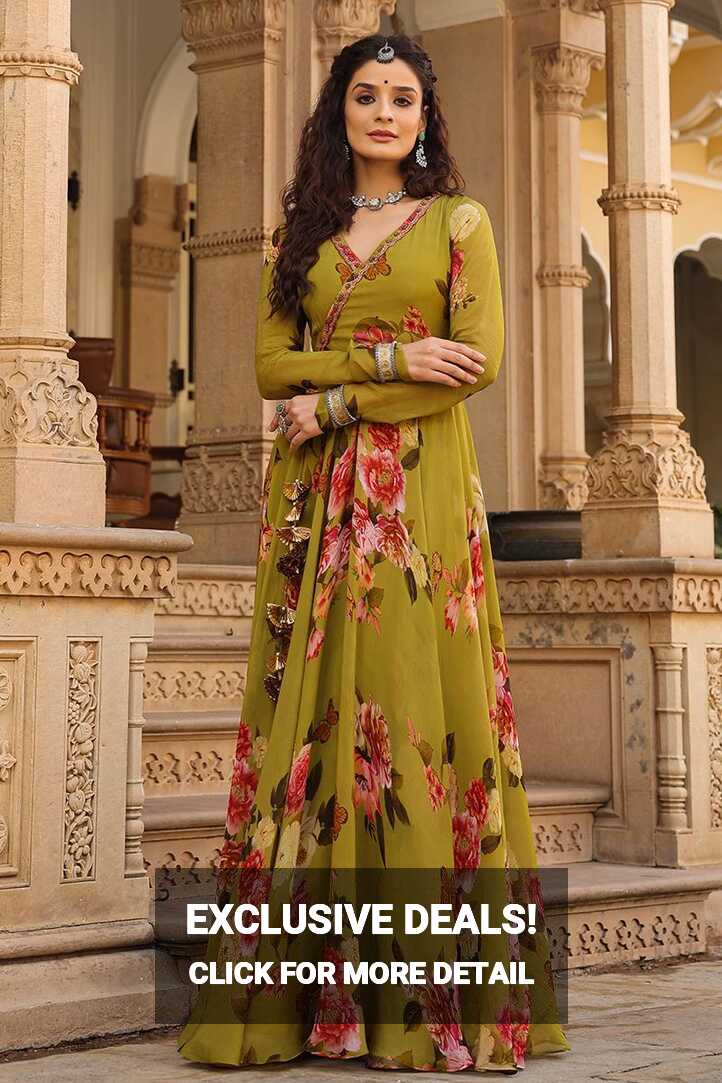 Fashionable Olive Green Colored Designer Gown, Anarkali salwar ...