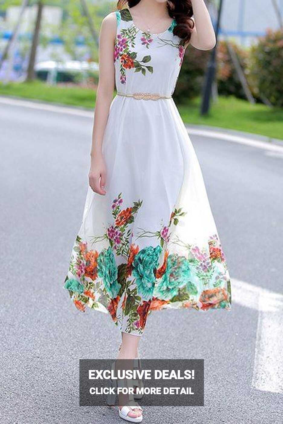 Fashionable Sleeveless Scoop Collar Floral Print Chiffon Dress For ...