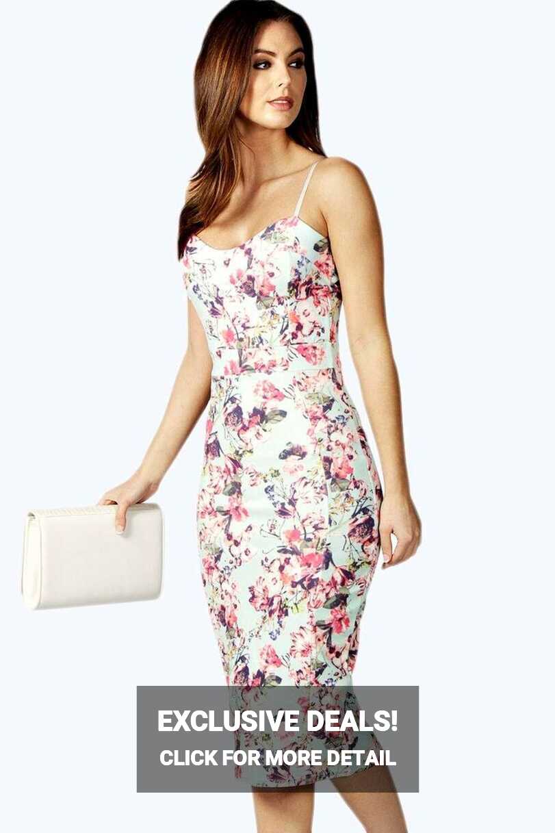 Faye Floral Print Strappy Midi Bodycon Dress