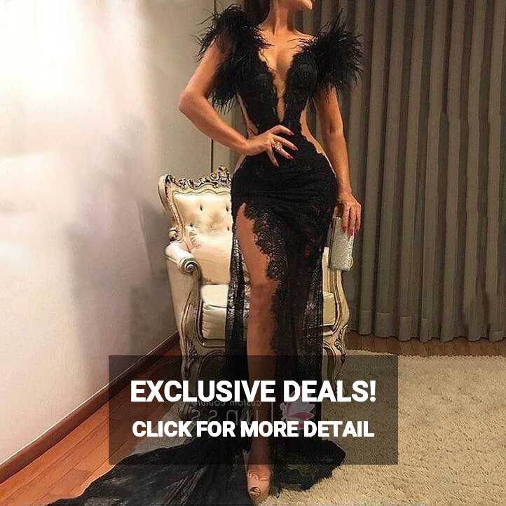 Feather Trim Sexy Sheer Black Lace High Slit Prom Dress - Lunss