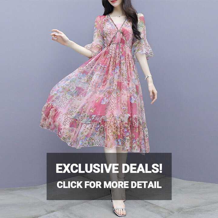 Female Summer Floral Chiffon Dress Lady Sweet Belll Sleeve Knee ...