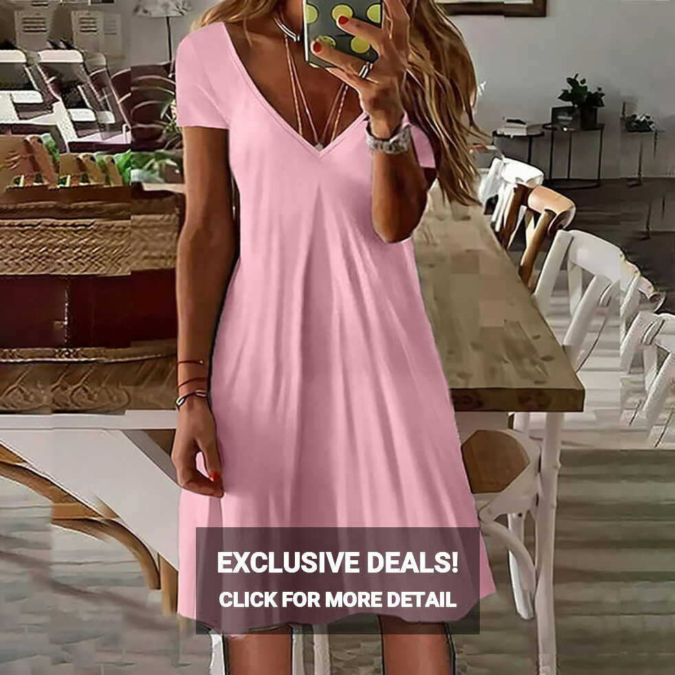 Finelylove Casual V-Neck Solid Color Pink Dress | Petite Short ...