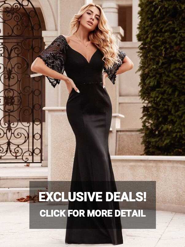 Fishtail Evening Dresses | Bodycon V Neck Gown with Sleeves - Ever ...