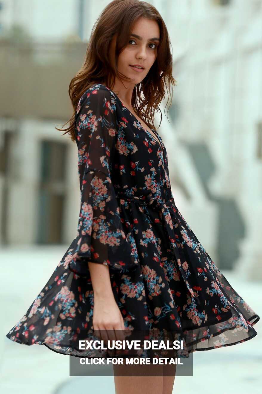 Flare Sleeve Floral Chiffon Dress