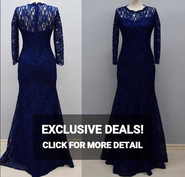 Floor Length Sheath Navy Blue Lace Long Sleeves Bridesmaid Dress ...