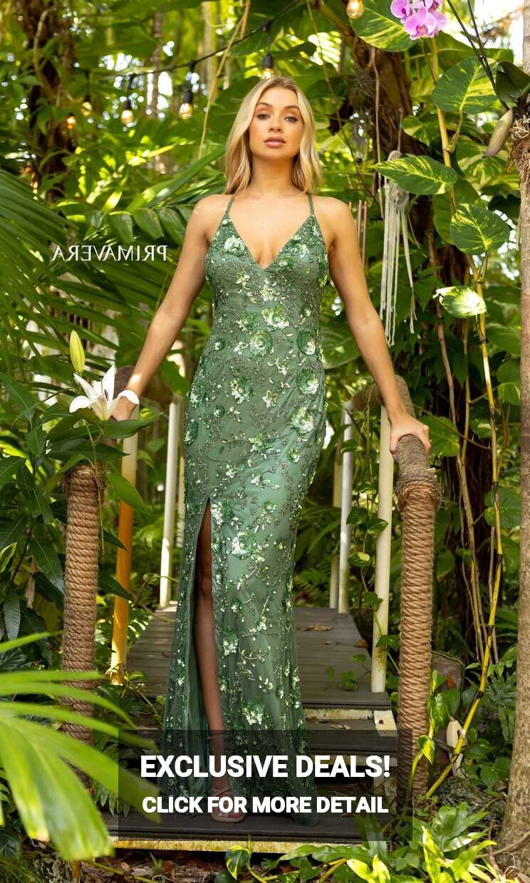 Floral-Beaded Long Formal Dress with Strappy Back