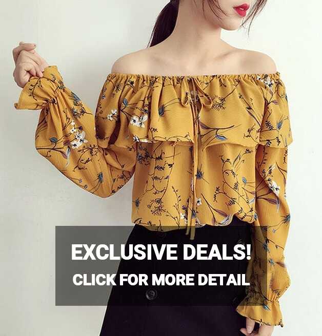 Floral Chiffon Blouse Slash Neck Long Sleeve Loose Ladies Top at ...