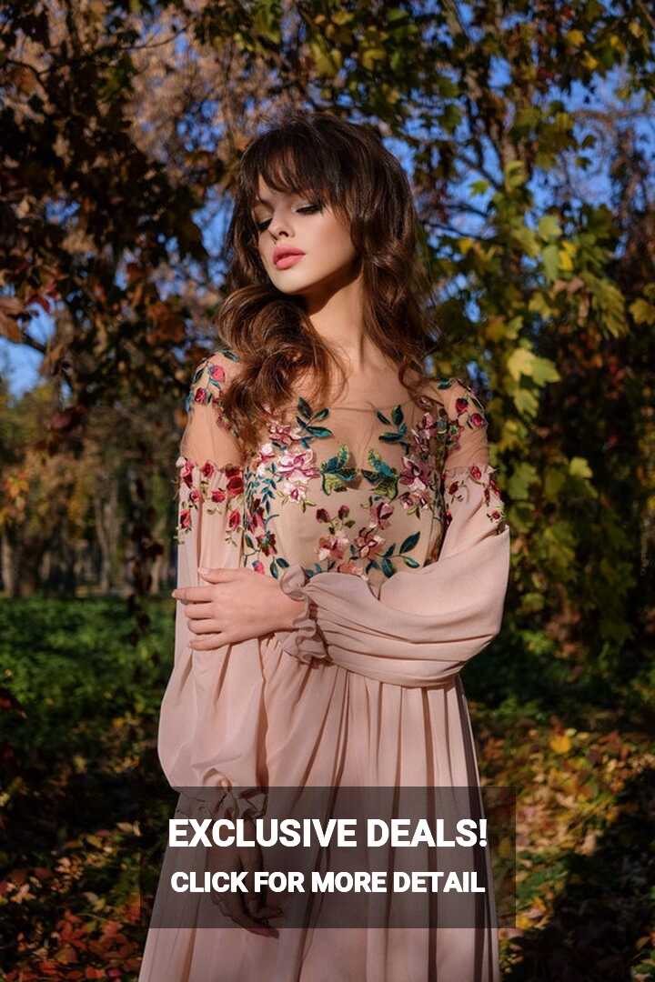 Floral Chiffon Long Sleeves Prom Dress. Custom Blush Elven Wedding ...