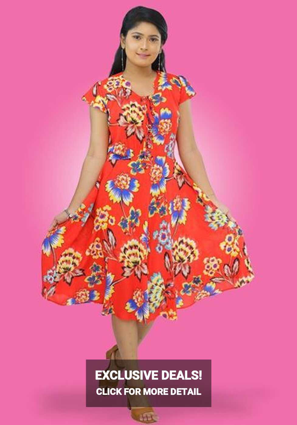 Floral Designed Flared Short Dress with Short Bell Sleeves-SunMart ...