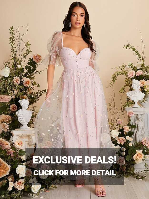 Floral Embroidery Mesh Puff Sleeve Bustier Formal Dress | SHEIN