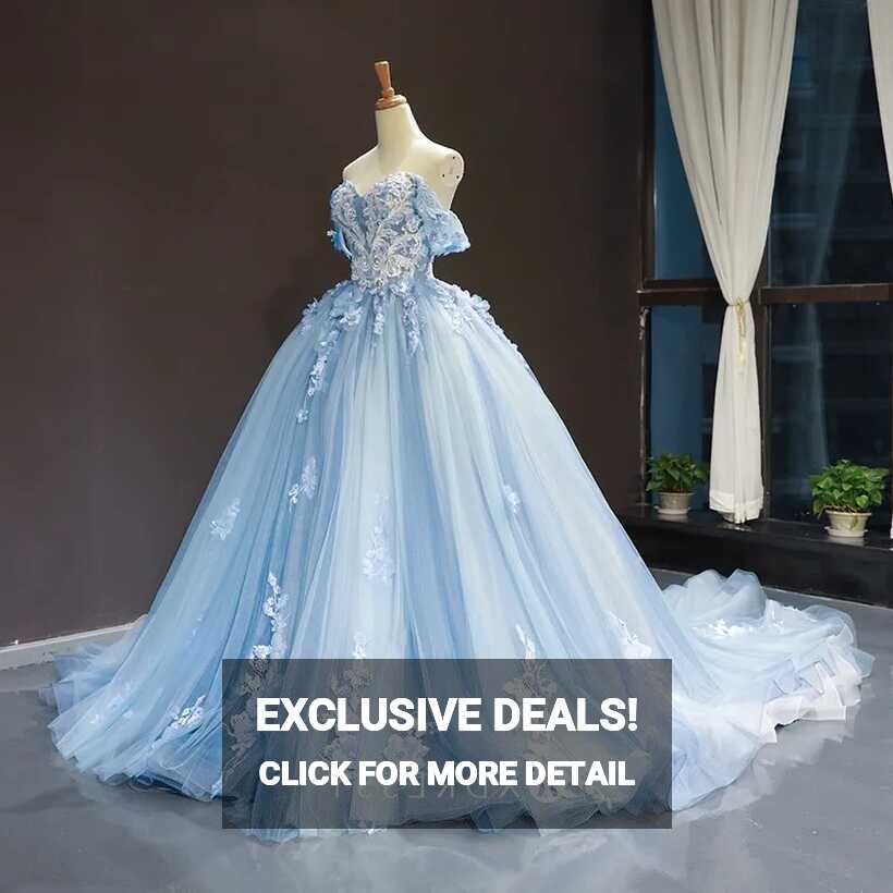 Floral Lace Appliqued Ice Blue Princess Ball Gown Dress - Xdressy