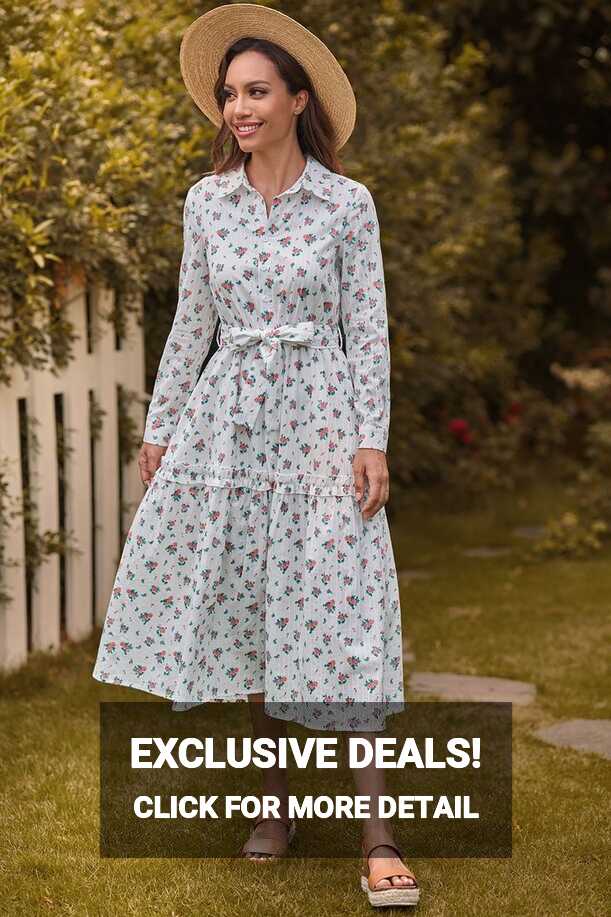 Floral Long Sleeves Classic Collar Cotton Spring Summer Midi Dress