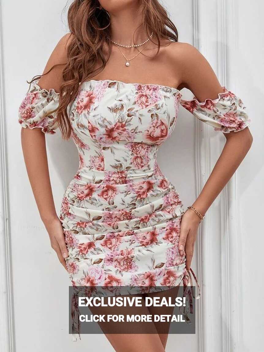 Floral Off The Shoulder Drawstring Side Bodycon Dress