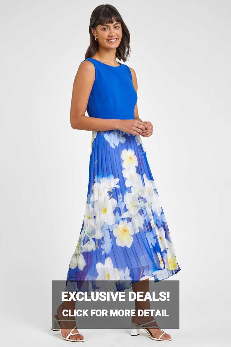 Floral Print Fit &amp; Flare Dress in Royal Blue - Roman Originals UK