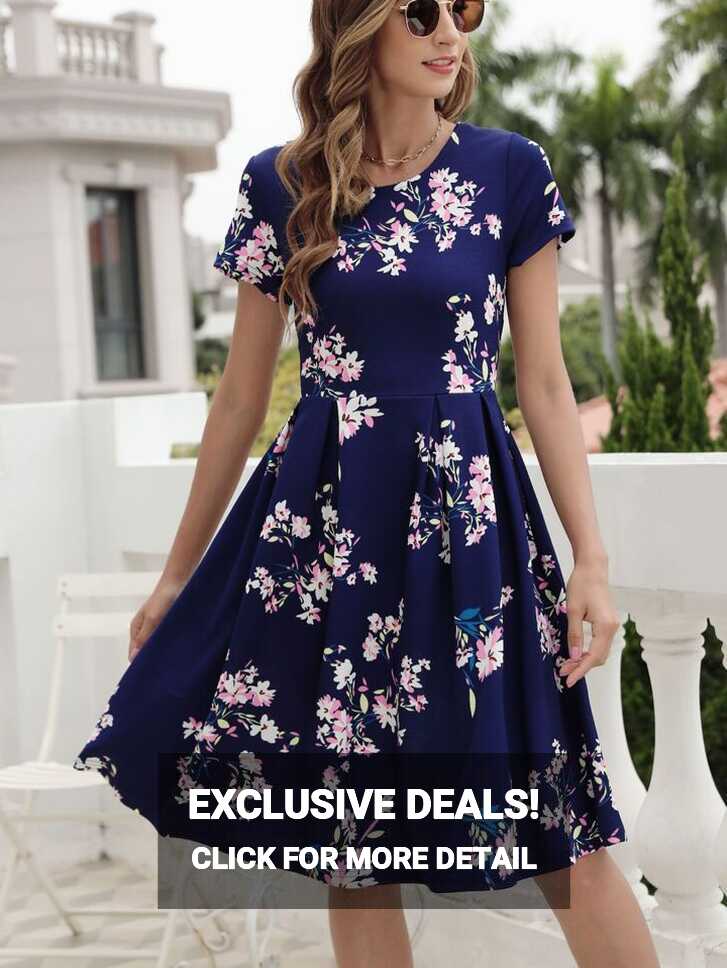 Floral Print Fold Pleated Detail Dress | SHEIN