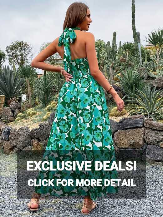 Floral Print Halter Maxi Dress Beach Vacation Casual Dress - Temu