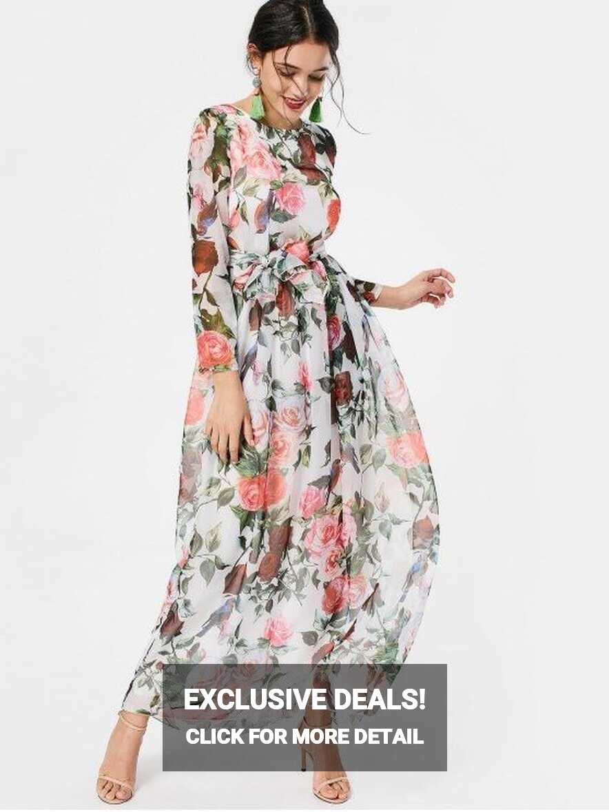 Floral Print Long Sleeve Belted Maxi Dress PINK WHITE BLACK