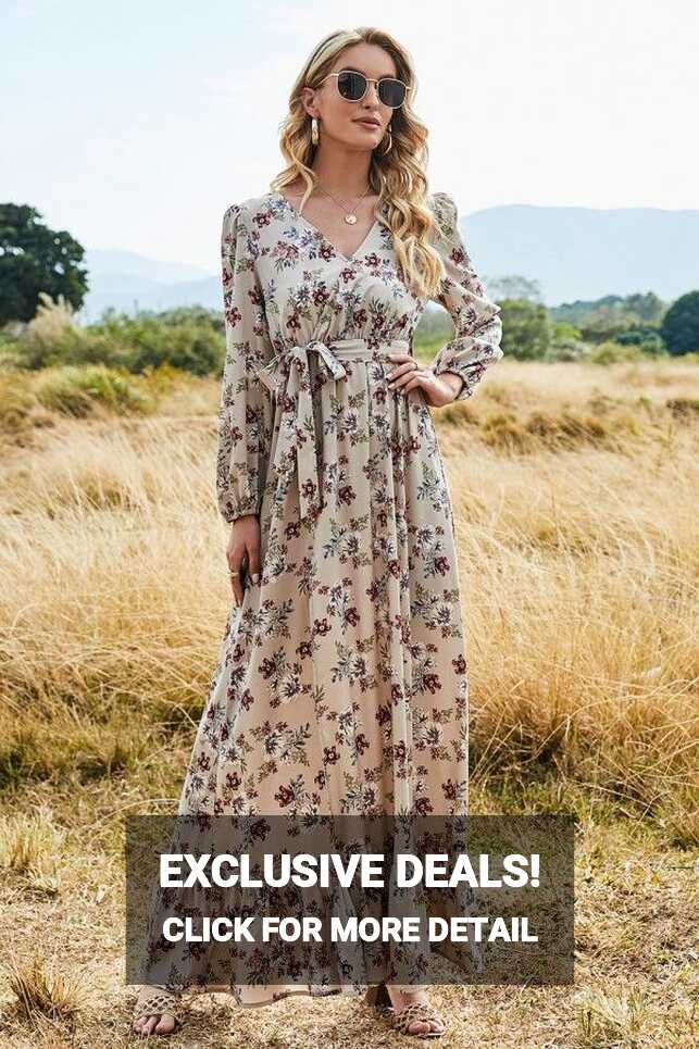 Floral Print Long Sleeve V Neck Adjustable Straps Split Maxi Dress ...