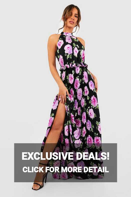 Floral Print Pleated High Neck Maxi Dress